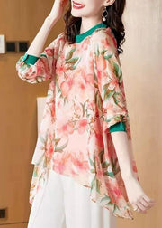 Bohemian Pink Asymmetrical Patchwork Print Chiffon Top Spring