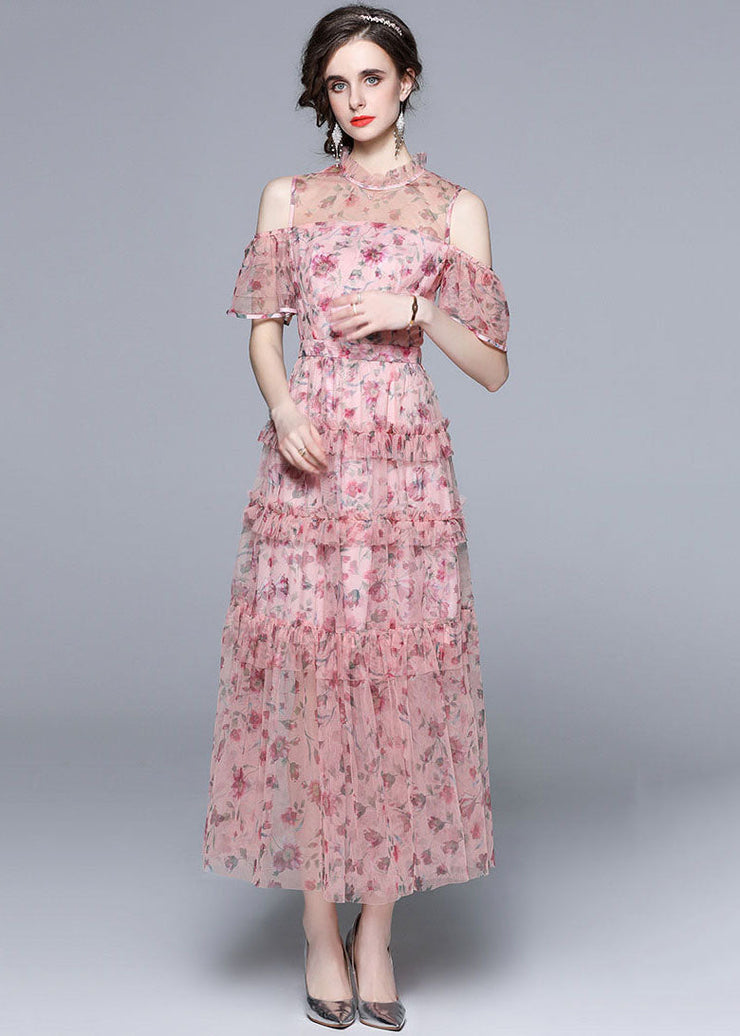 Bohemian Pink Cold Shoulder Print Ruffled Chiffon Long Dresses Summer