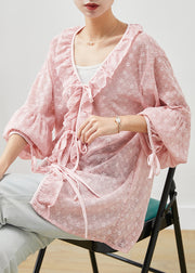 Bohemian Pink Embroidered Ruffles Lace Shirt Spring