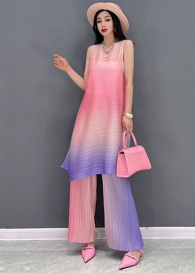 Bohemian Pink Gradient Color O-Neck Wrinkled Linen Two Pieces Set Sleeveless