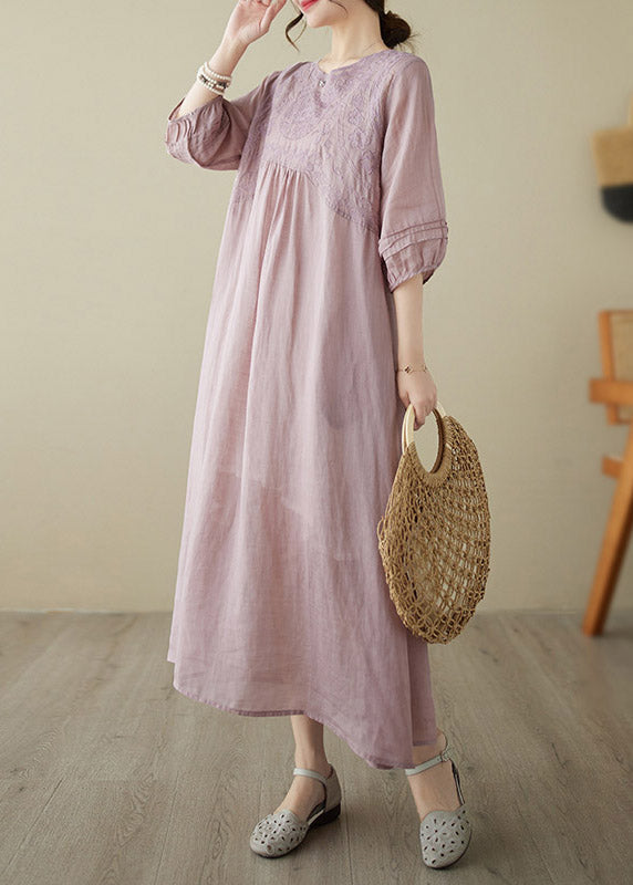 Bohemian Pink O-Neck Embroideried Patchwork Wrinkled Linen Long Dress Half Sleeve