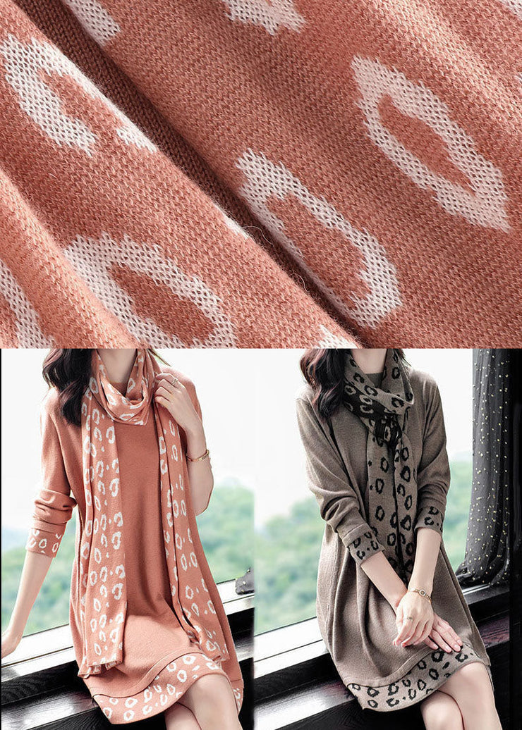 Bohemian Pink O-Neck Patchwork Scarf Long Knit Dress Long Sleeve