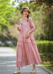 Bohemian Pink O-Neck Ruffled Patchwork Long Silk Dress Summer