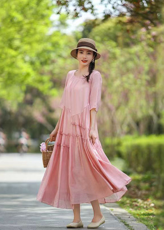 Bohemian Pink O-Neck Ruffled Patchwork Long Silk Dress Summer