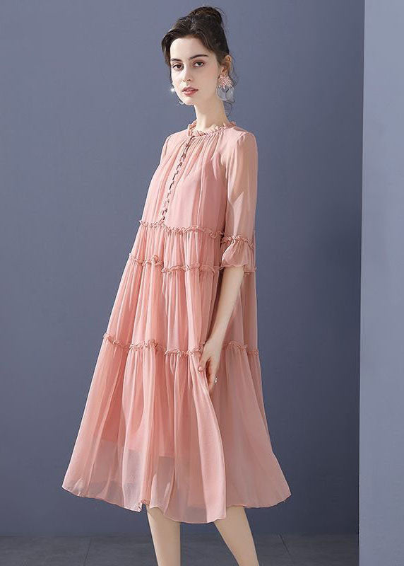 Bohemian Pink O-Neck Ruffled Patchwork Silk Mid Dresses Summer