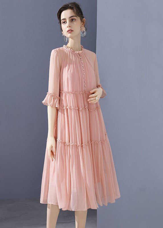 Bohemian Pink O-Neck Ruffled Patchwork Silk Mid Dresses Summer