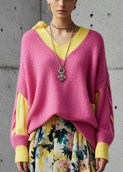 Bohemian Pink Oversized Patchwork Knit Sweater Tops Fall