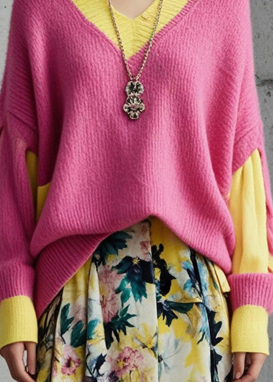 Bohemian Pink Oversized Patchwork Knit Sweater Tops Fall