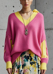 Bohemian Pink Oversized Patchwork Knit Sweater Tops Fall