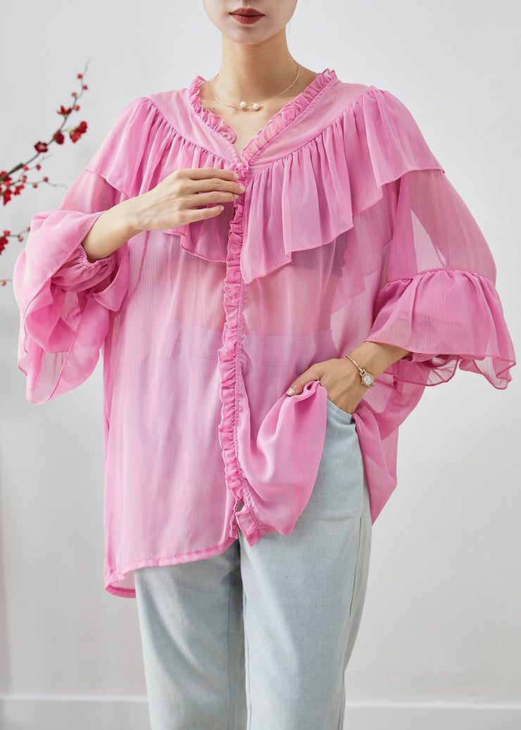 Bohemian Pink Oversized Patchwork Ruffles Chiffon Top Fall