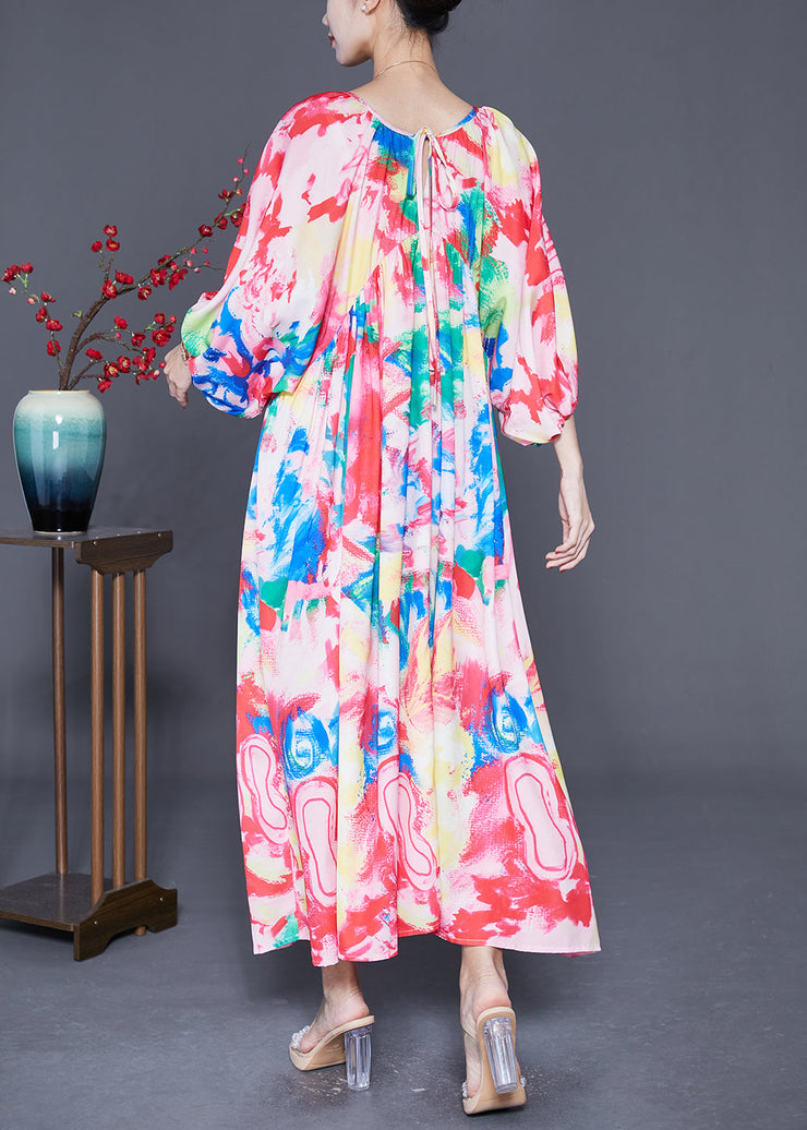 Bohemian Pink Oversized Print Chiffon Beach Dresses Lantern Sleeve