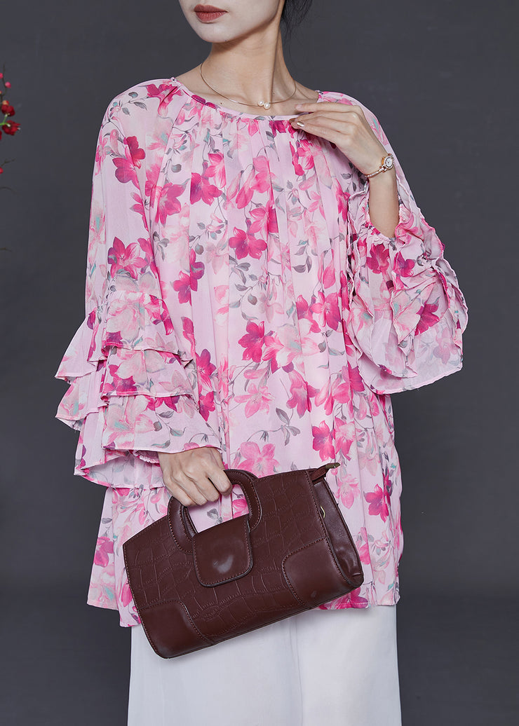 Bohemian Pink Oversized Print Chiffon Shirt Top Flare Sleeve