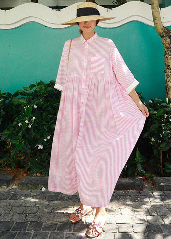 Bohemian Rose Peter Pan Collar Striped Button Pockets Wrinkled Long Dresses Half Sleeve