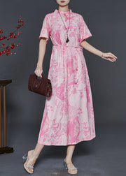 Bohemian Pink Print Cotton Chinese Style Dress Summer