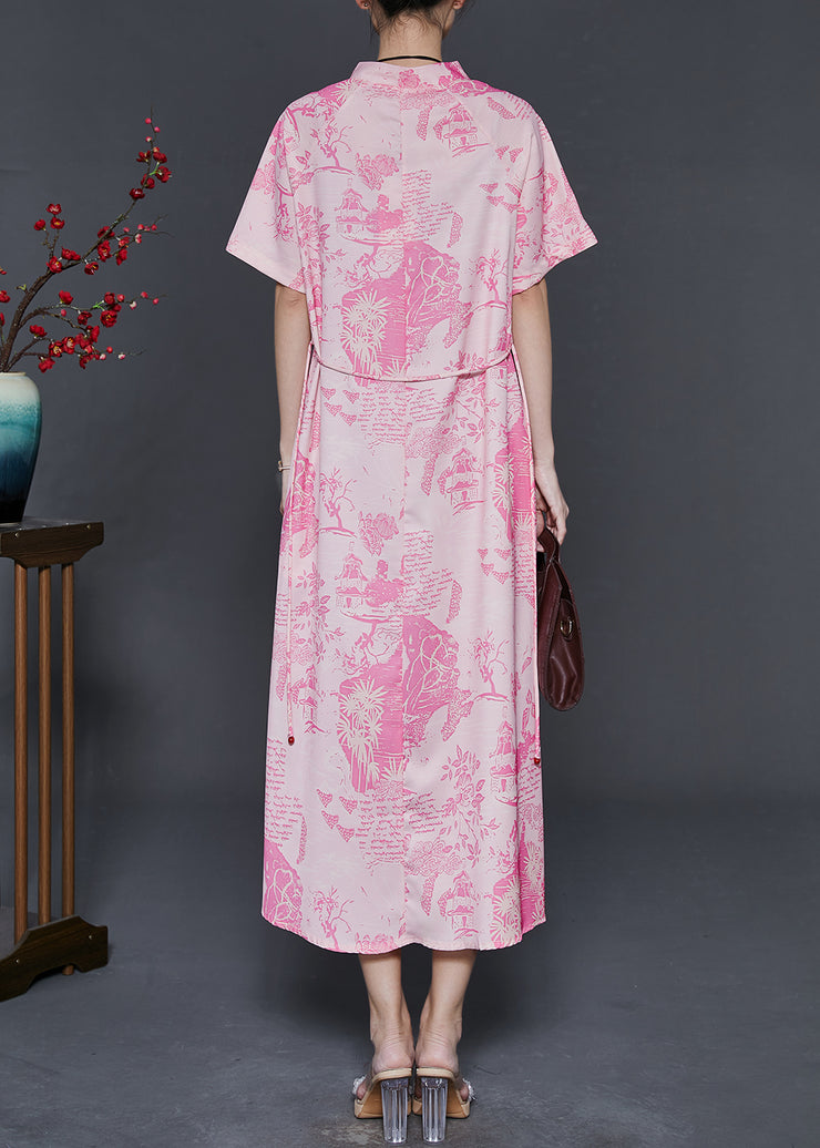 Bohemian Pink Print Cotton Chinese Style Dress Summer