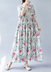 Bohemian Pink Print Patchwork Holiday Long Dress Short Sleeve