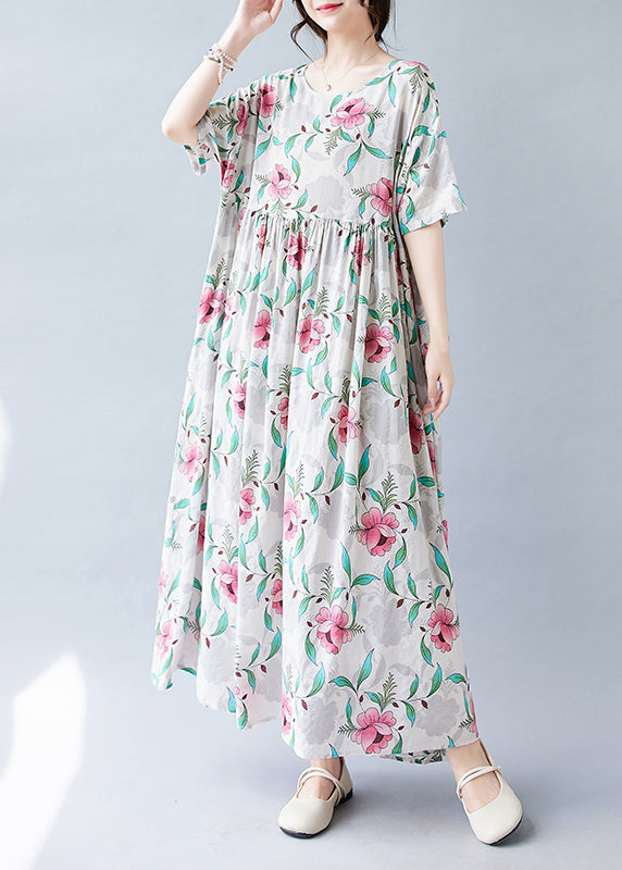 Bohemian Pink Print Patchwork Holiday Long Dress Short Sleeve