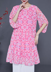 Bohemian Pink Print Patchwork Wrinkled Silk A Line Dress Lantern Sleeve