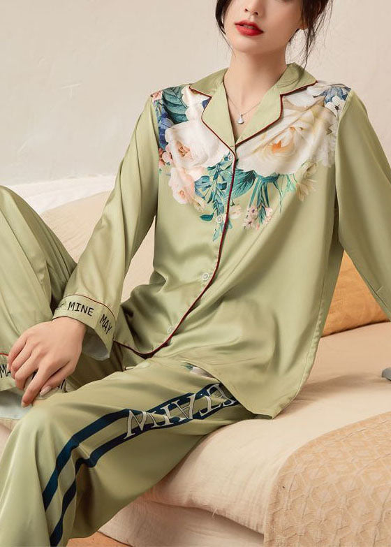 Bohemian Pink Print Peter Pan Collar Ice Silk Pajamas Two Piece Suit Set Spring