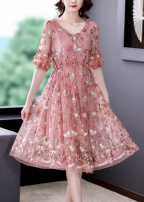 Bohemian Pink Ruffled Embroideried Exra Large Hem Tulle Cinched Dress Summer