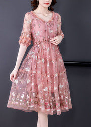 Bohemian Pink Ruffled Embroideried Exra Large Hem Tulle Cinched Dress Summer