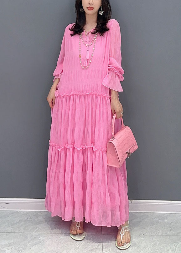 Bohemian Pink Ruffled Lace Up Patchwork Chiffon Long Dress Summer