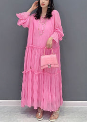 Bohemian Pink Ruffled Lace Up Patchwork Chiffon Long Dress Summer