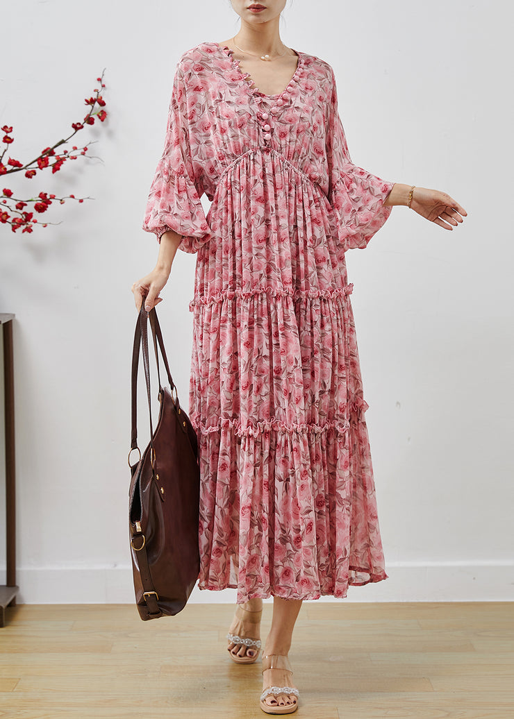 Bohemian Pink Ruffled Print Chiffon Maxi Dresses Lantern Sleeve