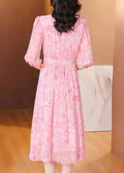 Bohemian Pink Ruffled Print Silk Dresses Half Sleeve