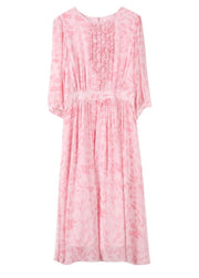 Bohemian Pink Ruffled Print Silk Dresses Half Sleeve