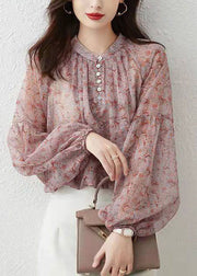 Bohemian Pink Stand Collar Print Chiffon Shirt Top Lantern Sleeve