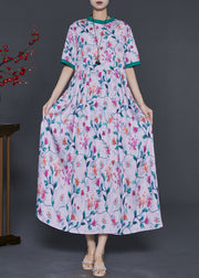 Bohemian Pink Stand Collar Print Silk Long Dress Summer