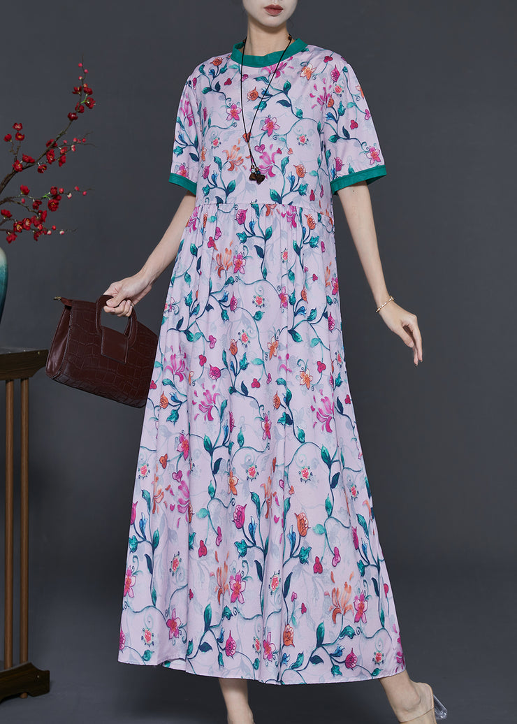 Bohemian Pink Stand Collar Print Silk Long Dress Summer