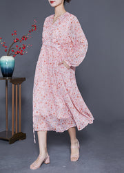 Bohemian Pink V Neck Cinched Print Chiffon Beach Dress Summer