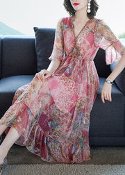 Bohemian Pink V Neck Print Chiffon Long Dresses Summer