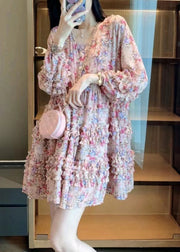 Bohemian Pink V Neck Print Patchwork Ruffled Mid Dress Long Sleeve