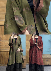 Bohemian Plus Size Green V Neck Print Linen Cardigans Spring