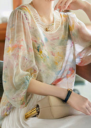 Bohemian Print Hollow Out Silk Shirts Long Sleeve