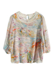 Bohemian Print Hollow Out Silk Shirts Long Sleeve