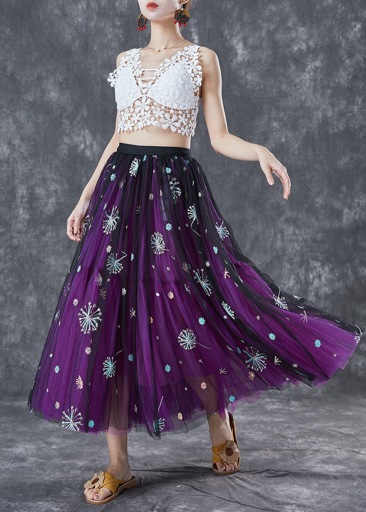 Bohemian Purple Dandelion Embroideried Wear On Both Sides Tulle Skirt Summer