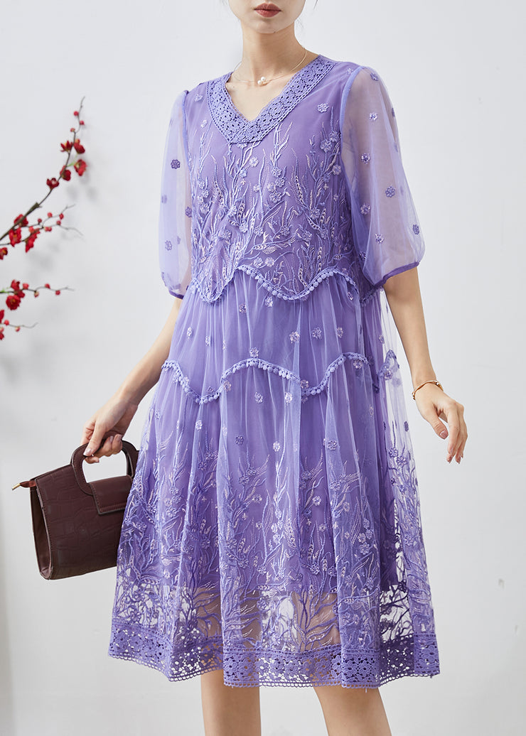 Bohemian Purple Embroidered Tulle Party Dress Summer