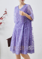 Bohemian Purple Embroidered Tulle Party Dress Summer