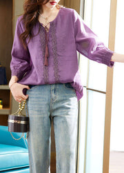 Bohemian Purple Embroideried Zircon Patchwork Linen Tops Summer