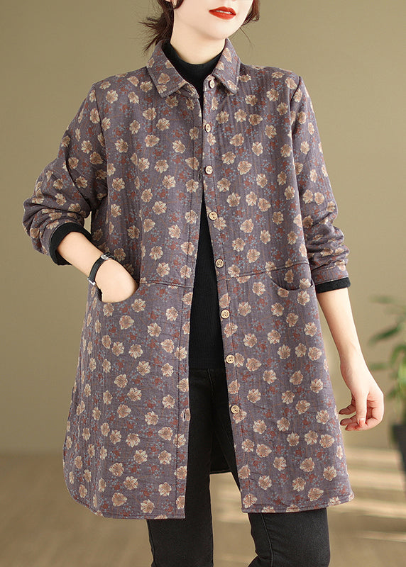 Bohemian Purple Peter Pan Collar Pockets Print Warm Fleece Coat Winter