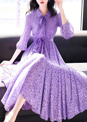 Bohemian Purple Peter Pan Collar Print Chiffon Dress Bracelet Sleeve