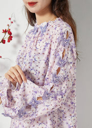 Bohemian Purple Print Hollow Out Chiffon Blouses Spring