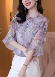 Bohemian Purple Ruffled Print Nail Bead Chiffon Shirt Top Spring