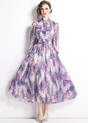 Bohemian Purple Stand Collar Print Chiffon Long Dress Bracelet Sleeve