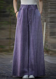 Bohemian Purple Tie Dye Elastic Waist Linen Wide Leg Pants Summer