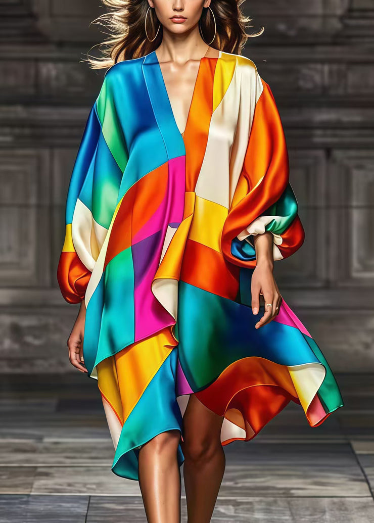 Bohemian Rainbow Asymmetrical Patchwork Silk Party Dress Fall